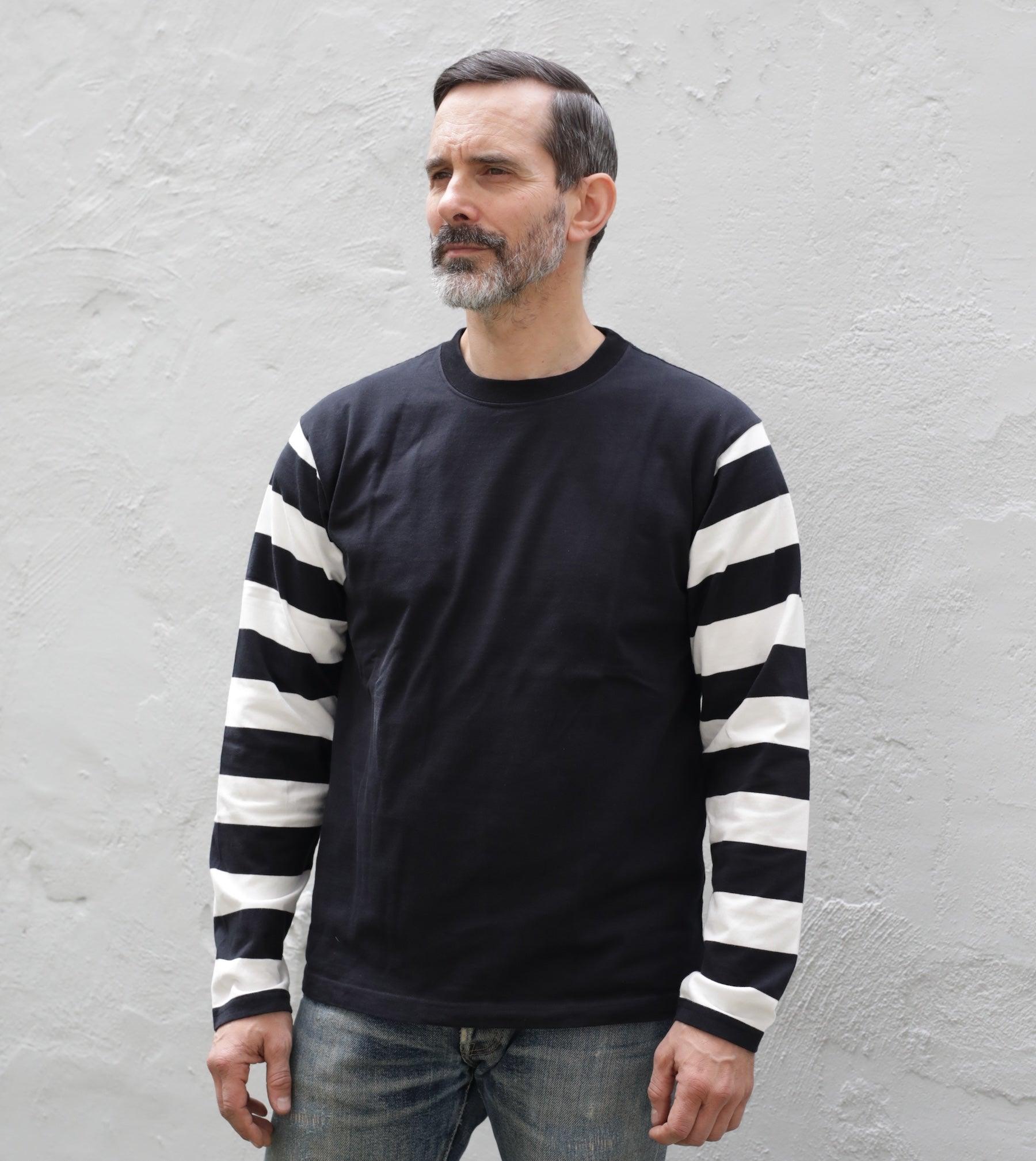 IHTB-11-BLK - 7.5oz Cotton Long-Sleeved Crew Neck - Black with striped arms