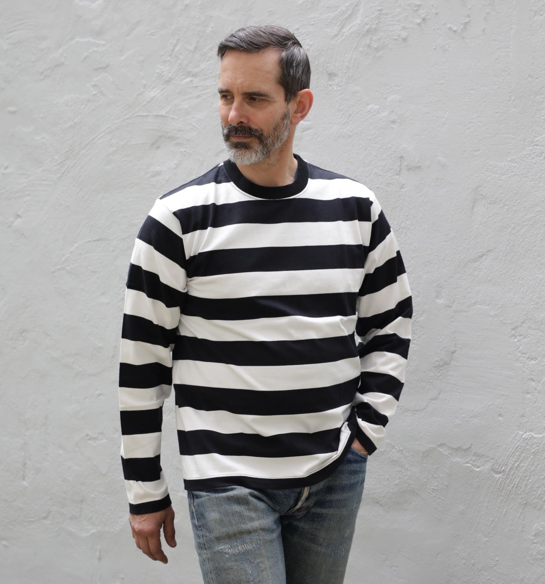 IHTB-09-BLK - 7.5oz Cotton Long-Sleeved Crew Neck - Black and White Stripes