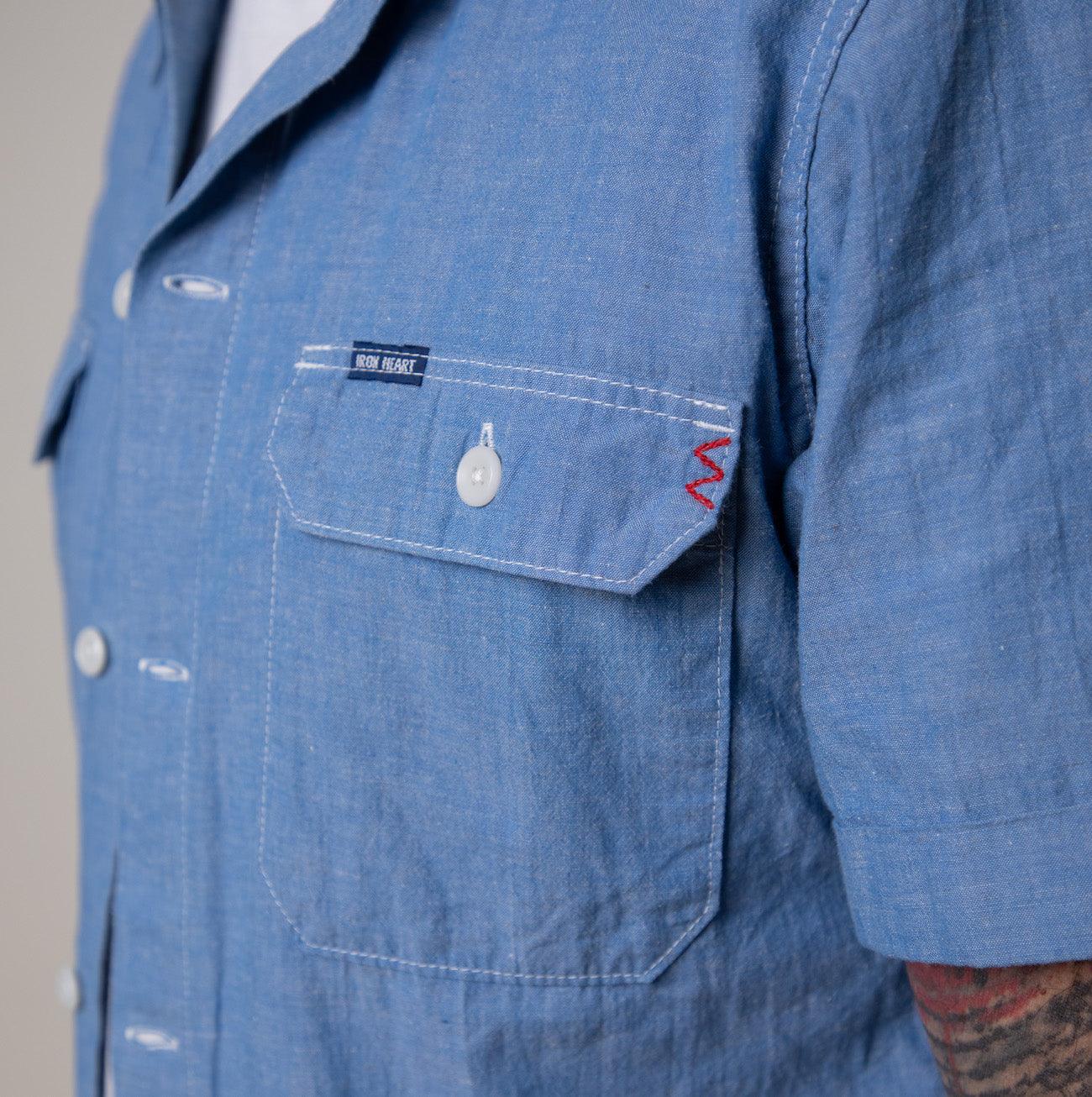 Image showing the IHSH-388-BLU - 4oz Short Sleeved Summer Shirt - Blue which is a Shirts described by the following info SS24 and sold on the IRON HEART GERMANY online store