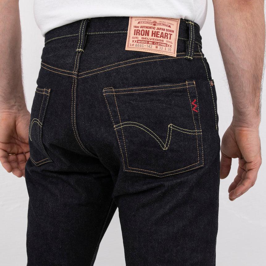 Image showing the IH-888S-142 - 14oz Selvedge Denim Medium/High Rise Tapered Cut Jeans - Indigo which is a Jeans described by the following info 888, Bottoms, Iron Heart, Jeans, Released, Tappered and sold on the IRON HEART GERMANY online store