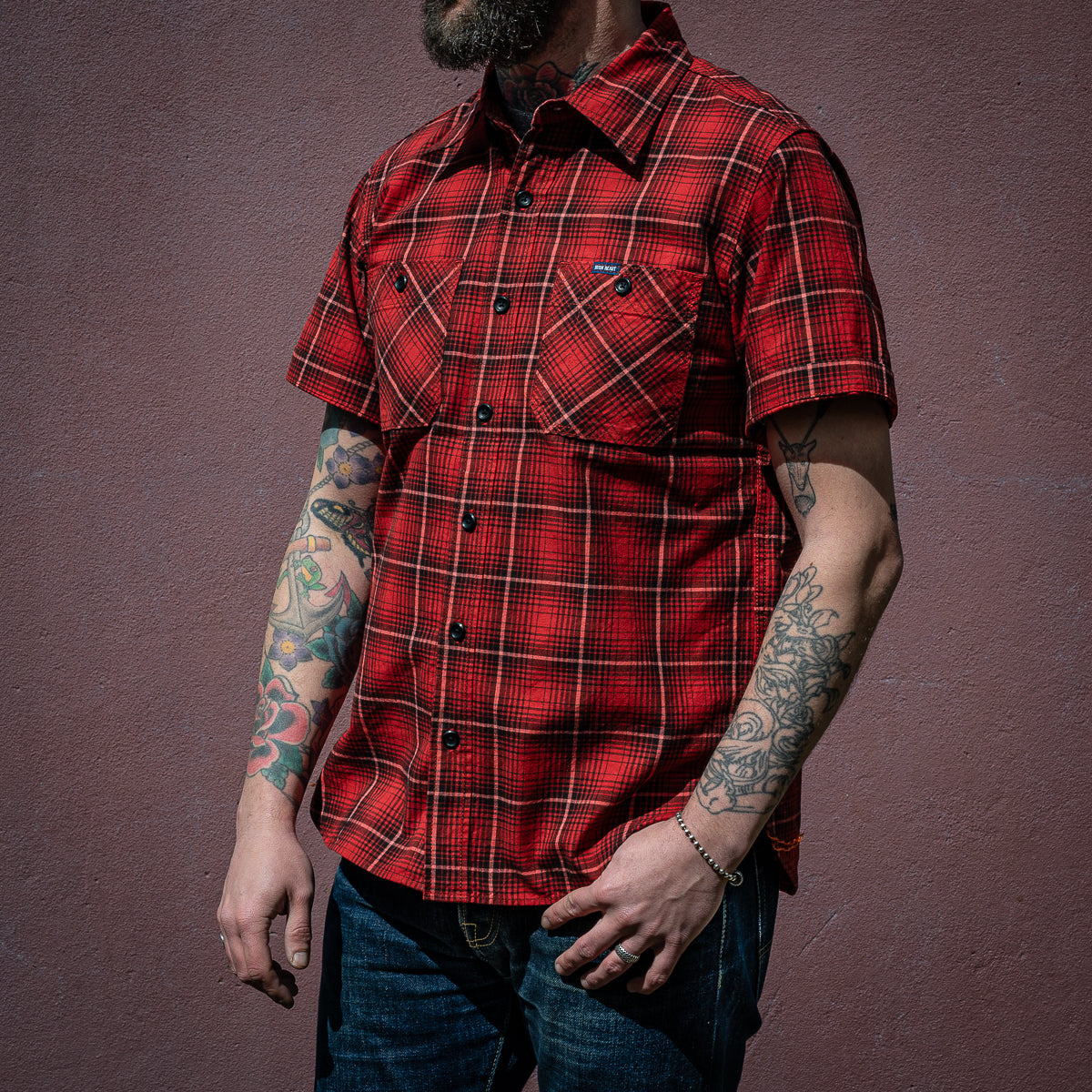 IHSH-392-RED - 5oz Selvedge Short Sleeved Work Shirt - Red Vintage Check