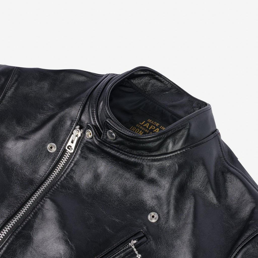 Image showing the IHJ-128-BLK - Japanese Horsehide Double Motorcycle Jacket - Black which is a LEATHER JACKETS described by the following info FW23, Iron Heart, LEATHER JACKETS, Tops and sold on the IRON HEART GERMANY online store