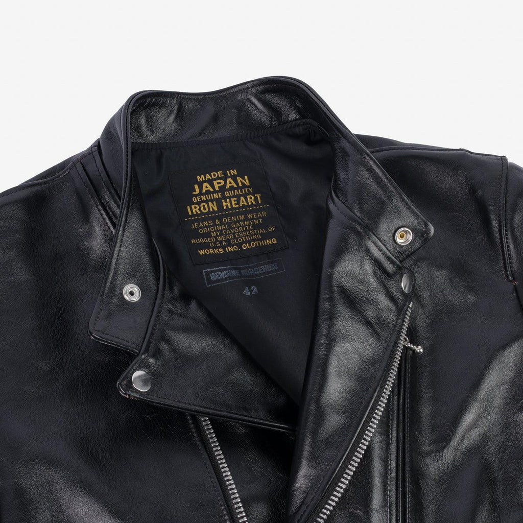 Image showing the IHJ-128-BLK - Japanese Horsehide Double Motorcycle Jacket - Black which is a LEATHER JACKETS described by the following info FW23, Iron Heart, LEATHER JACKETS, Tops and sold on the IRON HEART GERMANY online store