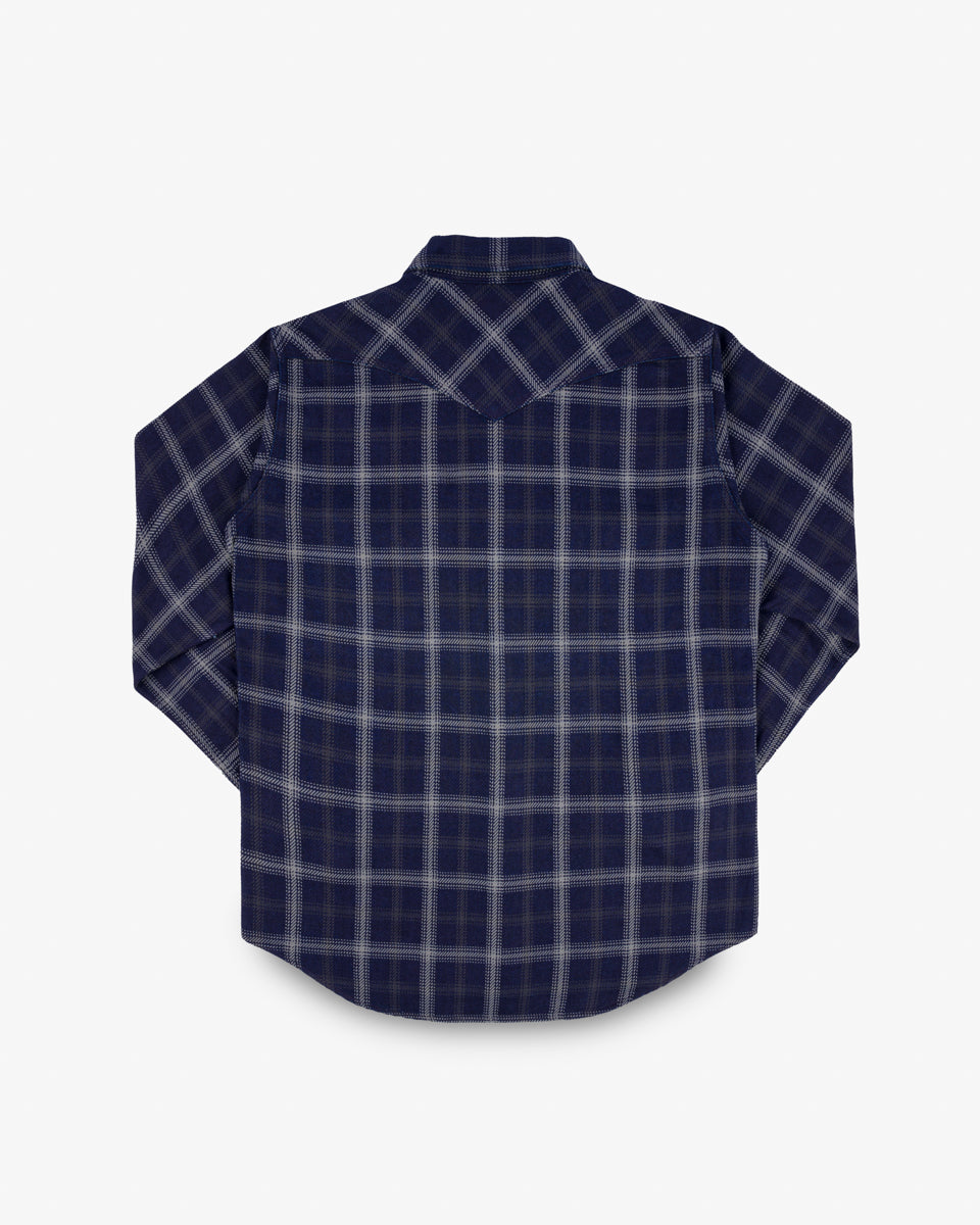 IHSH-411-BLK - 9oz Selvedge Indigo Check Flannel Western Shirt - Indigo/Black