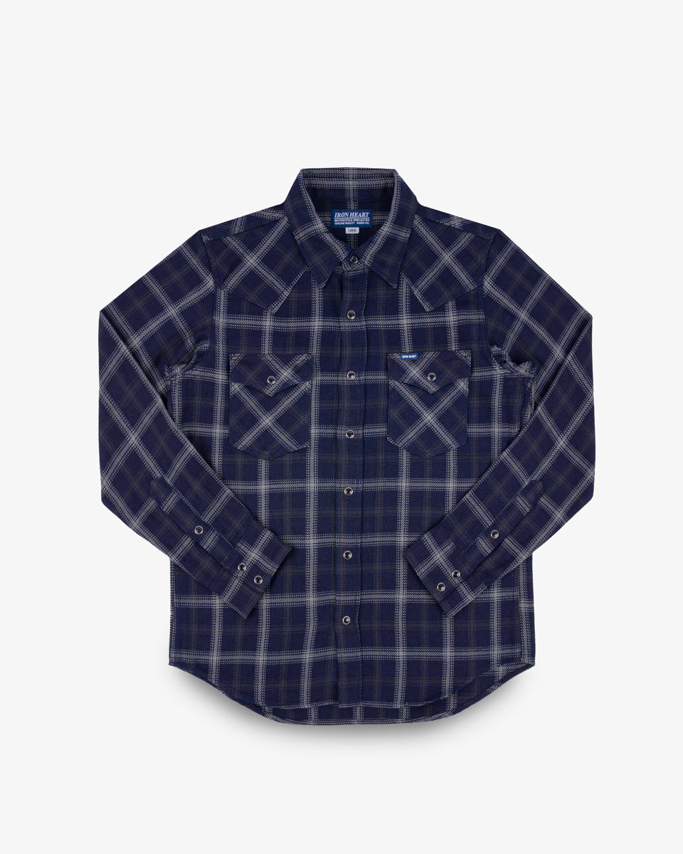 IHSH-411-BLK - 9oz Selvedge Indigo Check Flannel Western Shirt - Indigo/Black