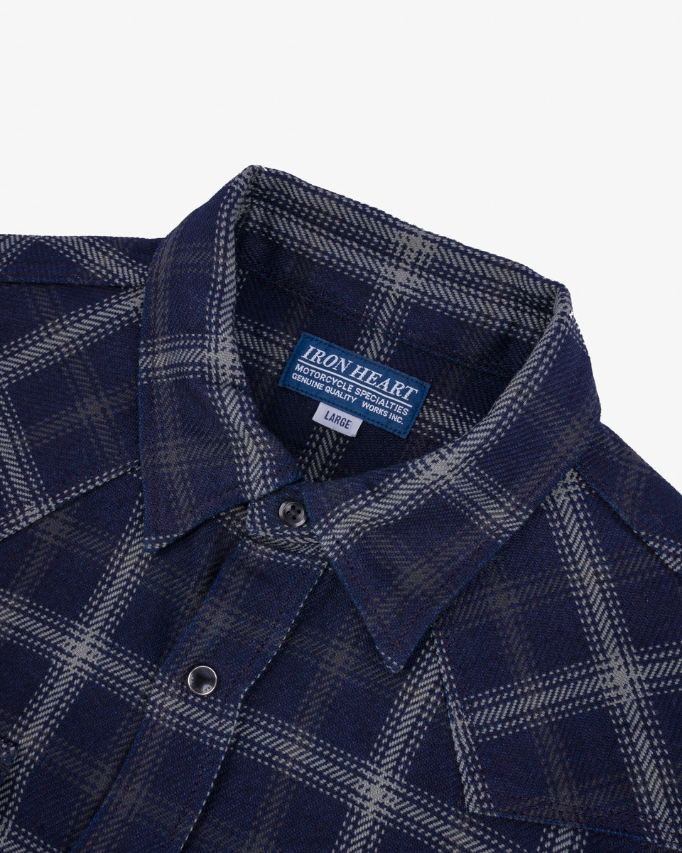 IHSH-411-BLK - 9oz Selvedge Indigo Check Flannel Western Shirt - Indigo/Black