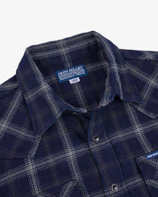 IHSH-411-BLK - 9oz Selvedge Indigo Check Flannel Western Shirt - Indigo/Black