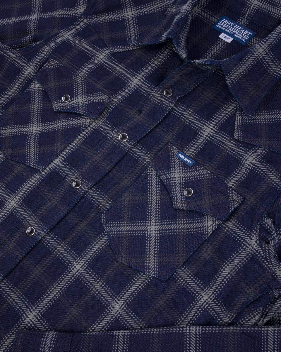 IHSH-411-BLK - 9oz Selvedge Indigo Check Flannel Western Shirt - Indigo/Black