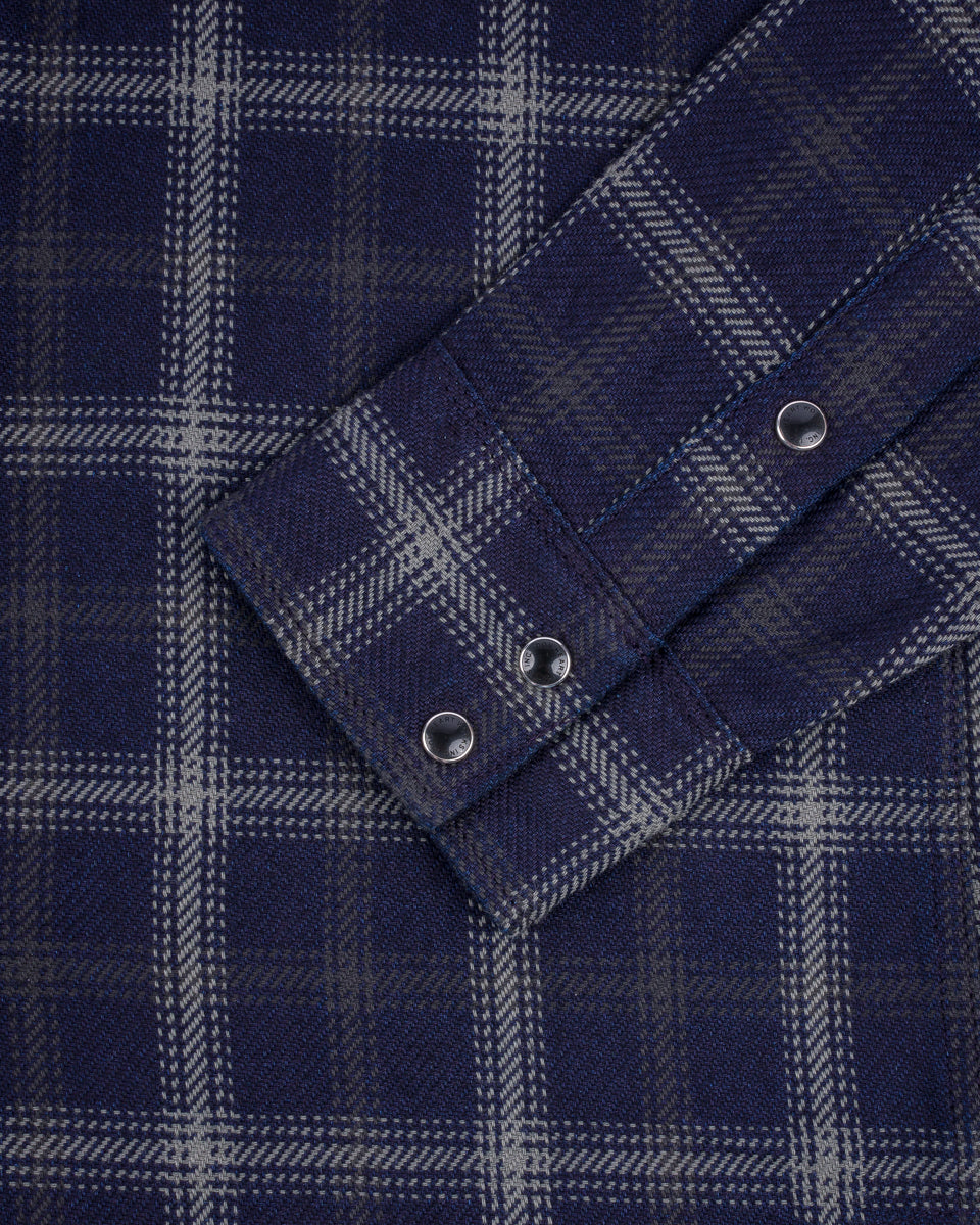 IHSH-411-BLK - 9oz Selvedge Indigo Check Flannel Western Shirt - Indigo/Black