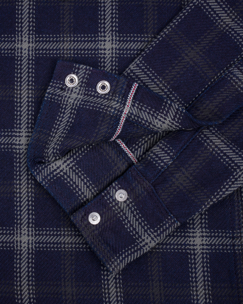 IHSH-411-BLK - 9oz Selvedge Indigo Check Flannel Western Shirt - Indigo/Black