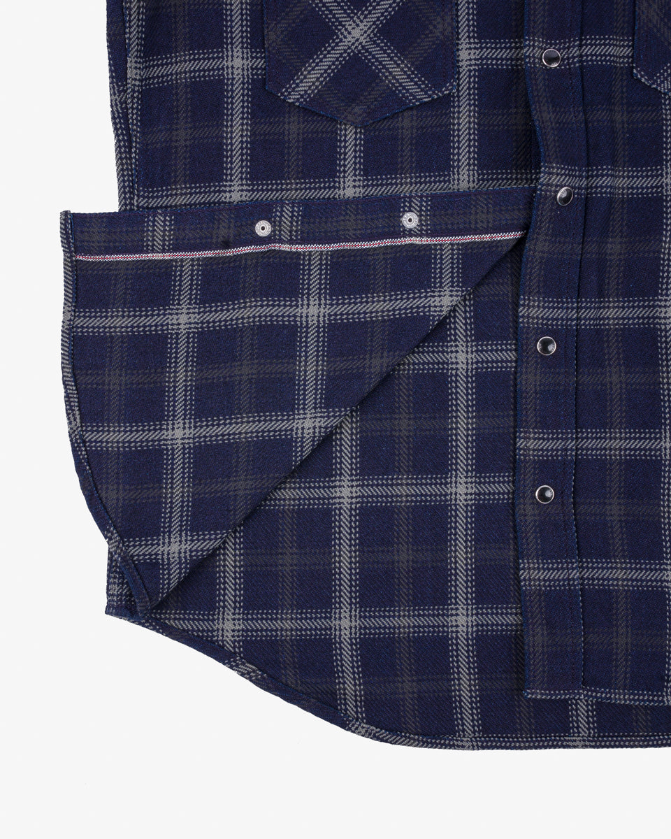 IHSH-411-BLK - 9oz Selvedge Indigo Check Flannel Western Shirt - Indigo/Black