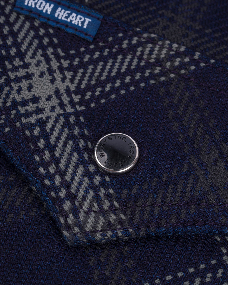 IHSH-411-BLK - 9oz Selvedge Indigo Check Flannel Western Shirt - Indigo/Black