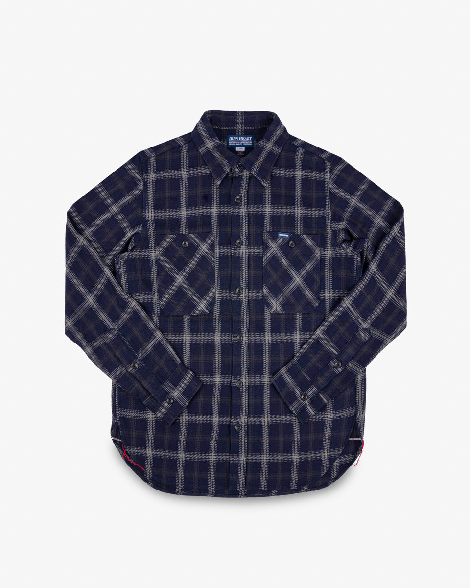 IHSH-412-BLK - 9oz Selvedge Indigo Check Flannel Work Shirt - Indigo/ Black