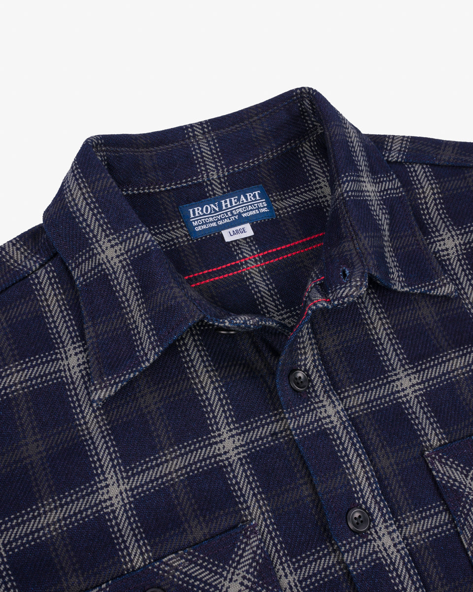 IHSH-412-BLK - 9oz Selvedge Indigo Check Flannel Work Shirt - Indigo/ Black
