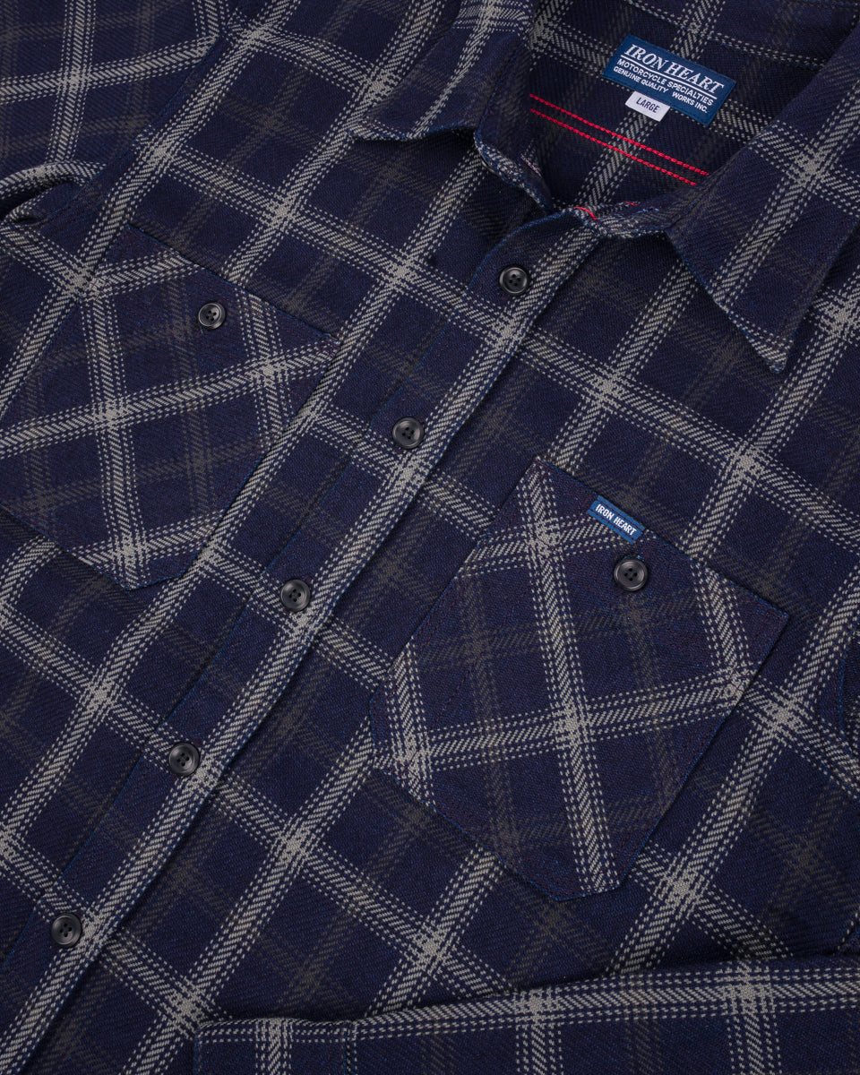 IHSH-412-BLK - 9oz Selvedge Indigo Check Flannel Work Shirt - Indigo/ Black