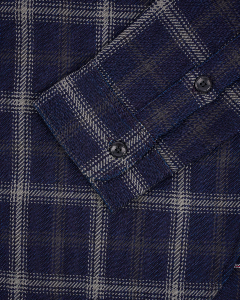 IHSH-412-BLK - 9oz Selvedge Indigo Check Flannel Work Shirt - Indigo/ Black
