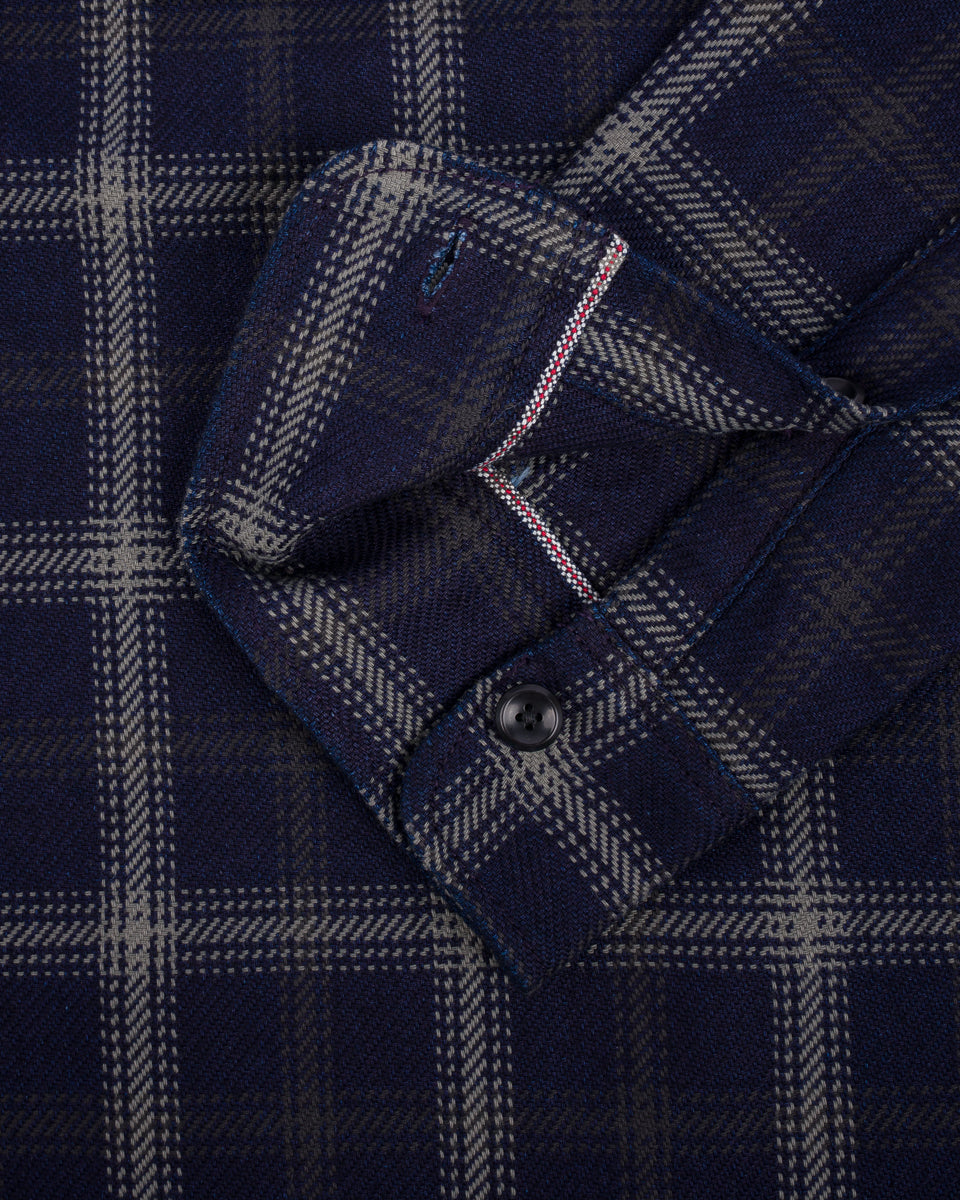 IHSH-412-BLK - 9oz Selvedge Indigo Check Flannel Work Shirt - Indigo/ Black