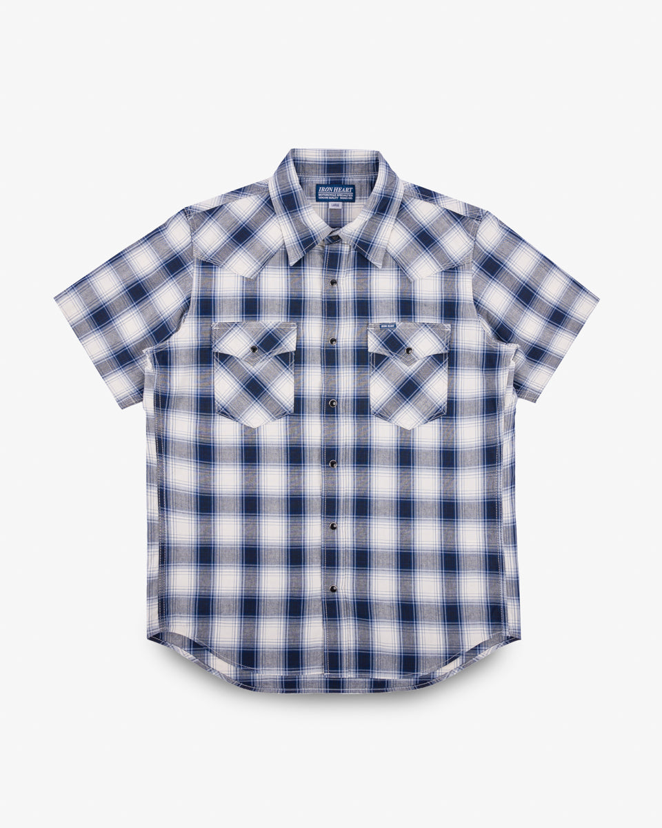 IHSH-418-BLU - 5oz Selvedge Short Sleeved Madras Check Western Shirt - Blue