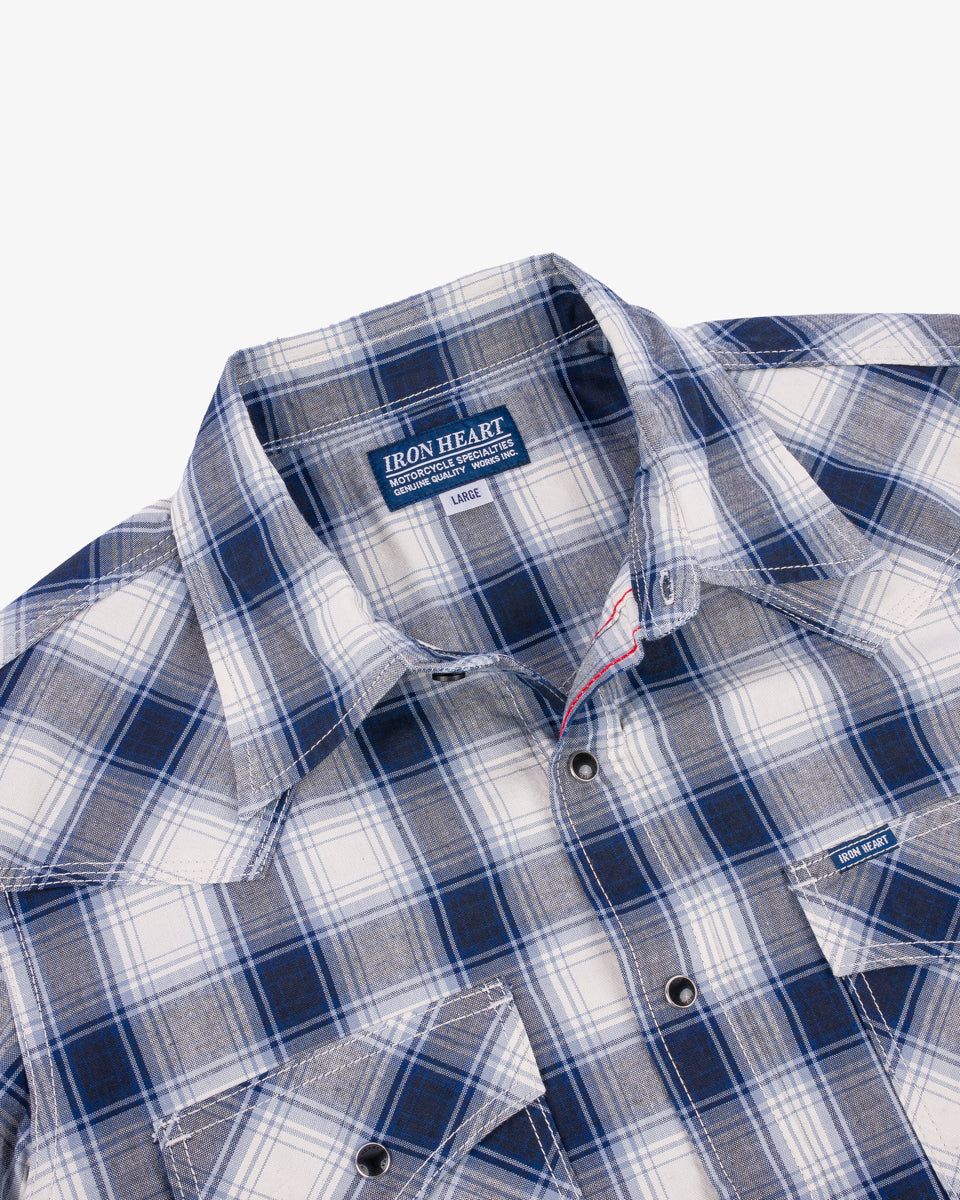 IHSH-418-BLU - 5oz Selvedge Short Sleeved Madras Check Western Shirt - Blue