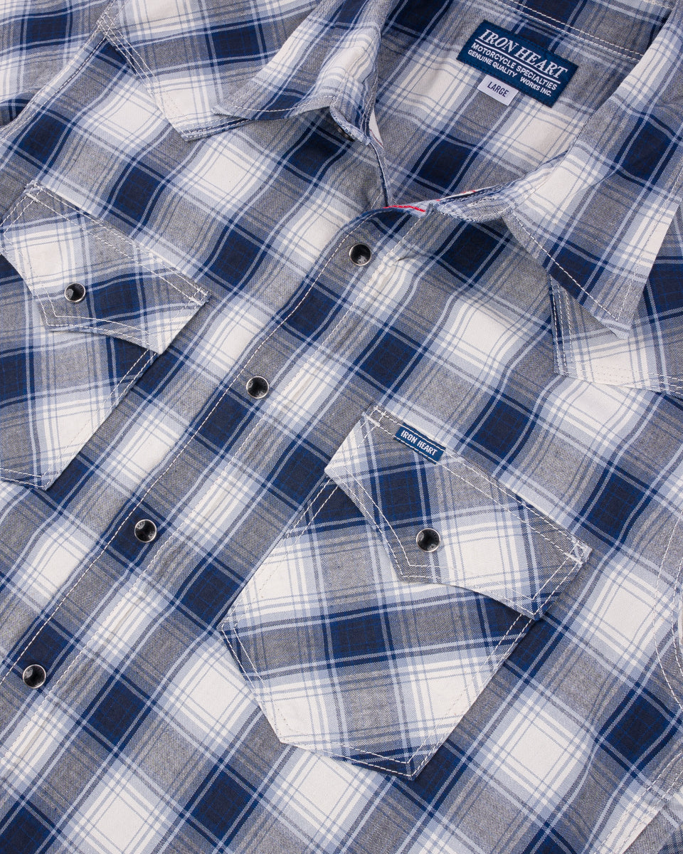 IHSH-418-BLU - 5oz Selvedge Short Sleeved Madras Check Western Shirt - Blue