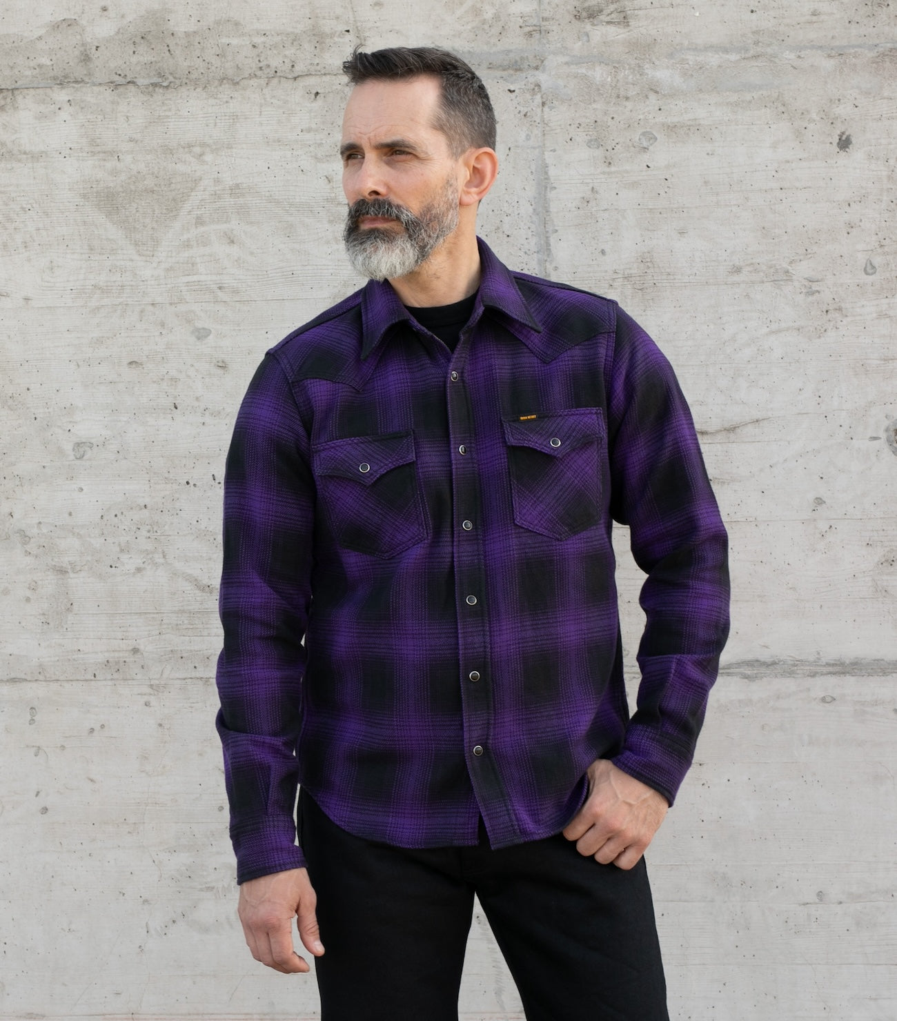 IHSH-264-PUR - Ultra Heavy Flannel Ombré Check Western Shirt - Purple/Black