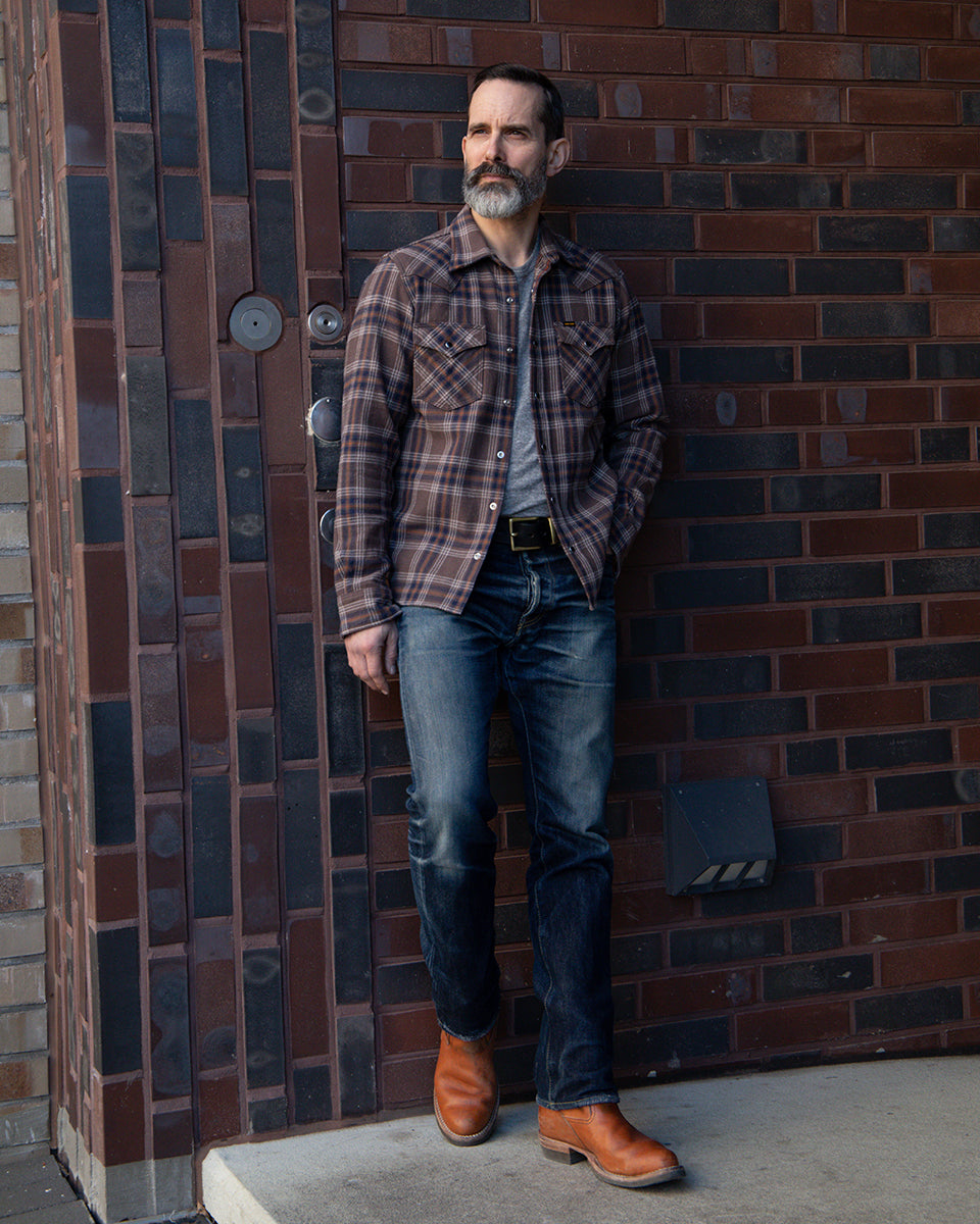IHSH-431-BRN - FW25 - Slubby Heavy Flannel Check Western Shirt - Brown