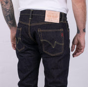 Image showing the IH-666S-19L - 19oz Left Hand Twill Selvedge Denim Slim Straight Cut Jeans Indigo which is a Jeans described by the following info 666, Bottoms, IHSALE_M23, Iron Heart, Jeans, Released, Straight and sold on the IRON HEART GERMANY online store