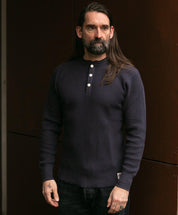 Image showing the IHTL-1213-NAV - Waffle Knit Long Sleeved Thermal Henley Navy which is a T-Shirts described by the following info Back In, Iron Heart, Released, T-Shirts, Tops and sold on the IRON HEART GERMANY online store