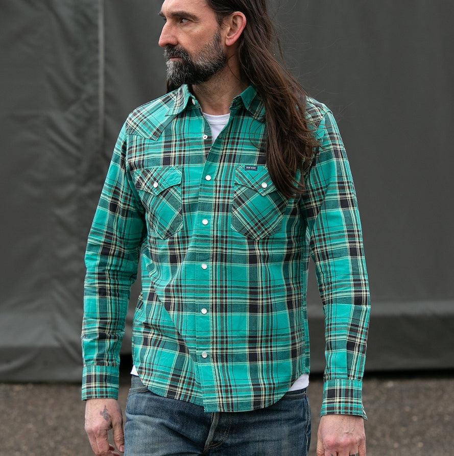 IHSH355GRN 5oz Selvedge Madras Check Western Shirt Green IRON