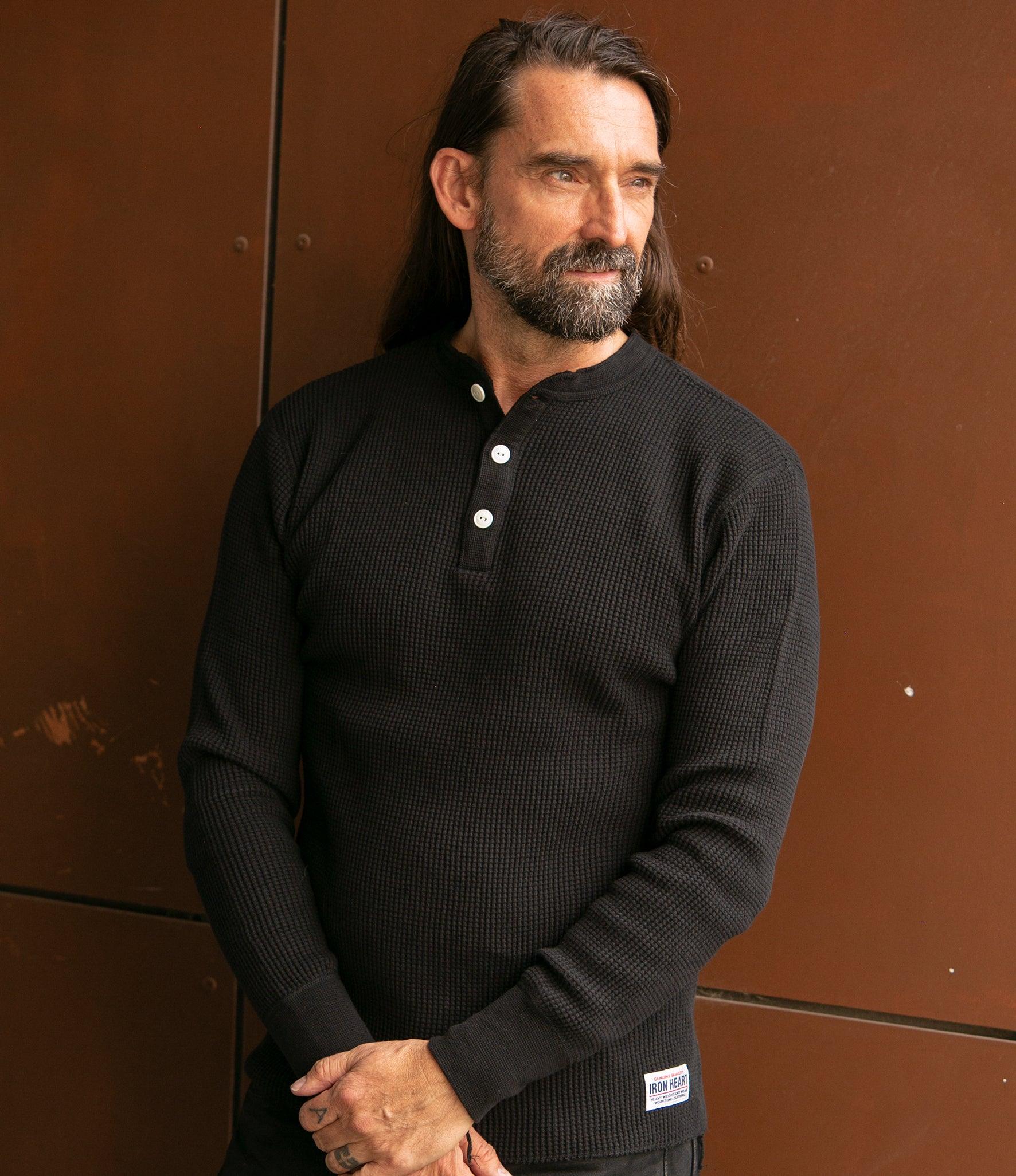 Image showing the IHTL-1213-BLK - Waffle Knit Long Sleeved Thermal Henley Black which is a T-Shirts described by the following info Back In, Iron Heart, Released, T-Shirts, Tops and sold on the IRON HEART GERMANY online store