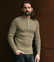 Image showing the IHTL-1213-OLV - Waffle Knit Long Sleeved Thermal Henley Olive which is a T-Shirts described by the following info Back In, Iron Heart, Released, T-Shirts, Tops and sold on the IRON HEART GERMANY online store