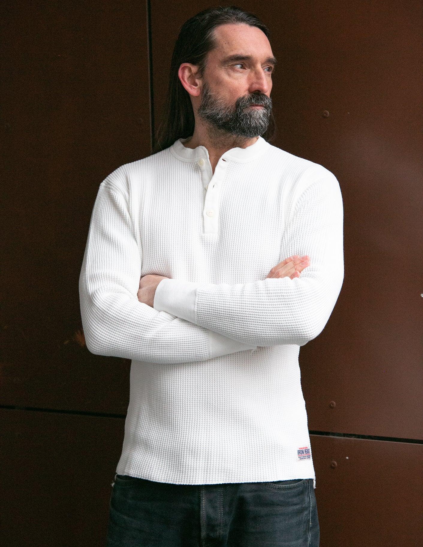 Image showing the IHTL-1213-WHT - Waffle Knit Long Sleeved Thermal Henley White which is a T-Shirts described by the following info Back In, Iron Heart, Released, T-Shirts, Tops and sold on the IRON HEART GERMANY online store