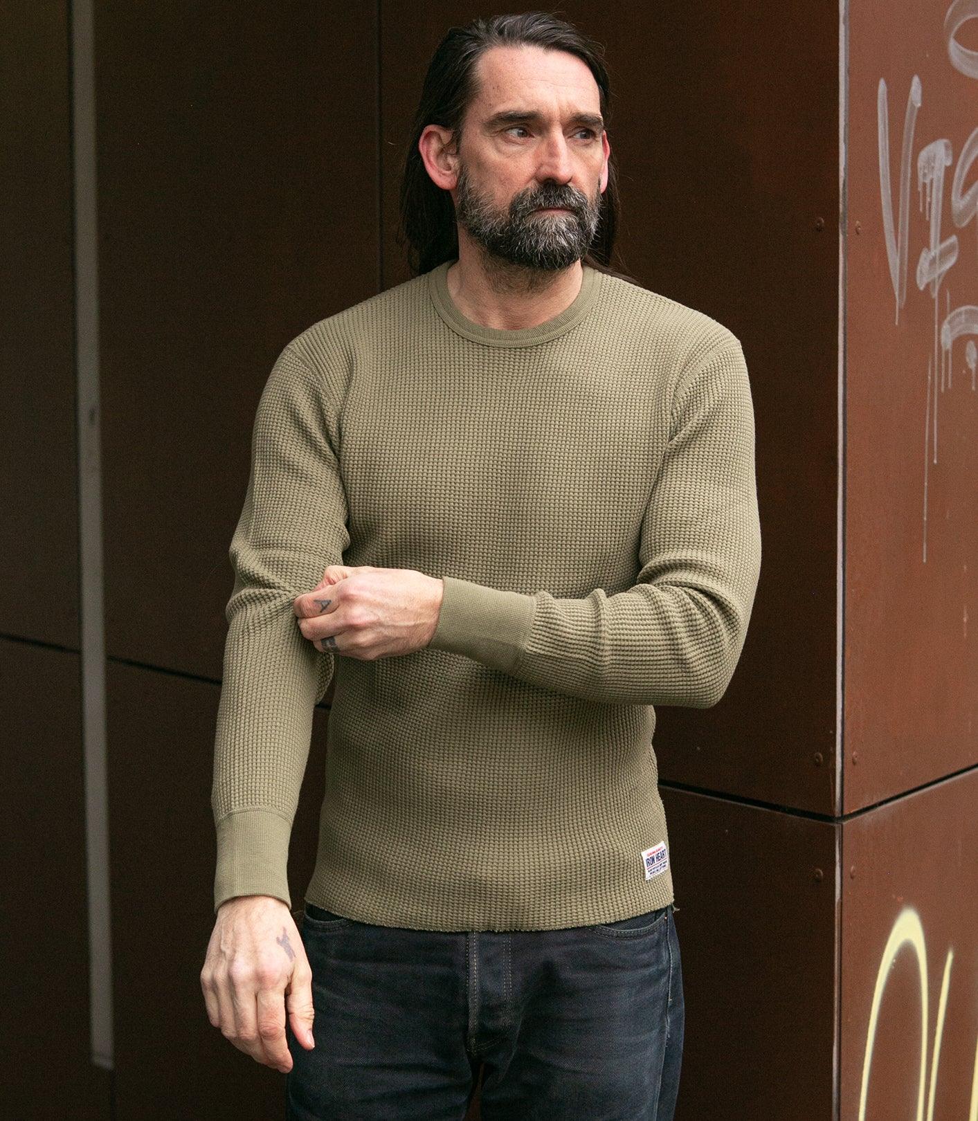 Image showing the IHTL-1301-OLV - Waffle Knit Long Sleeved Crew Neck Olive which is a T-Shirts described by the following info Back In, IHSALE_M23, Iron Heart, Released, T-Shirts, Tops and sold on the IRON HEART GERMANY online store