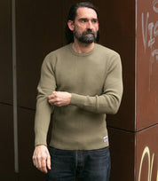 Image showing the IHTL-1301-OLV - Waffle Knit Long Sleeved Crew Neck Olive which is a T-Shirts described by the following info Back In, IHSALE_M23, Iron Heart, Released, T-Shirts, Tops and sold on the IRON HEART GERMANY online store