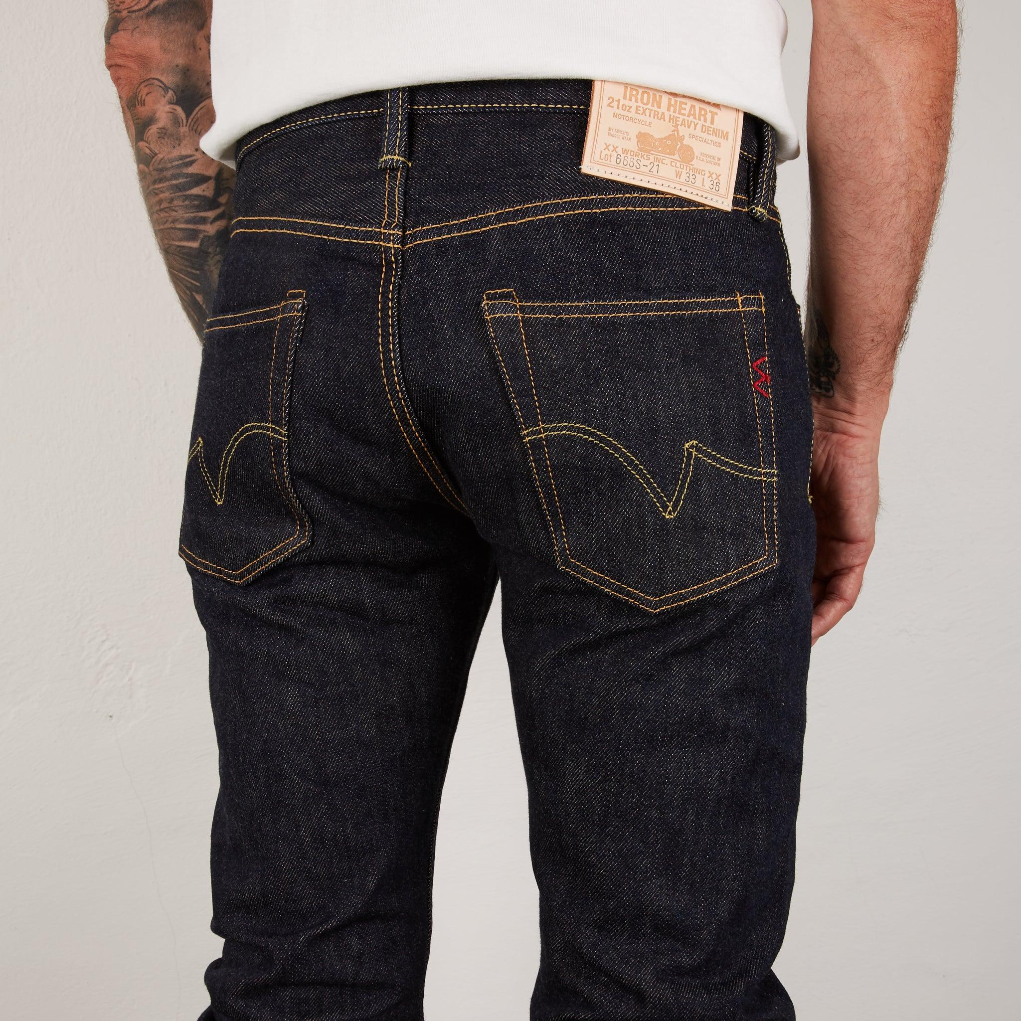 Image showing the IH-666S-21 - 21oz Selvedge Denim Slim Straight Cut Jeans Indigo which is a Jeans described by the following info 666, Back In, Bottoms, Iron Heart, Jeans, Released, Slim, Straight and sold on the IRON HEART GERMANY online store