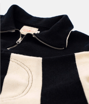 Image showing the DE-SW0056-BLK/WHT - 1/4 Zip Moto-Jersey - Black / Off White which is a Knitwear described by the following info Bargain, Dehen 1920, Knitwear, Released, Tops and sold on the IRON HEART GERMANY online store