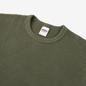 Image showing the IHTL-1301-OLV - Waffle Knit Long Sleeved Crew Neck Olive which is a T-Shirts described by the following info Back In, IHSALE_M23, Iron Heart, Released, T-Shirts, Tops and sold on the IRON HEART GERMANY online store