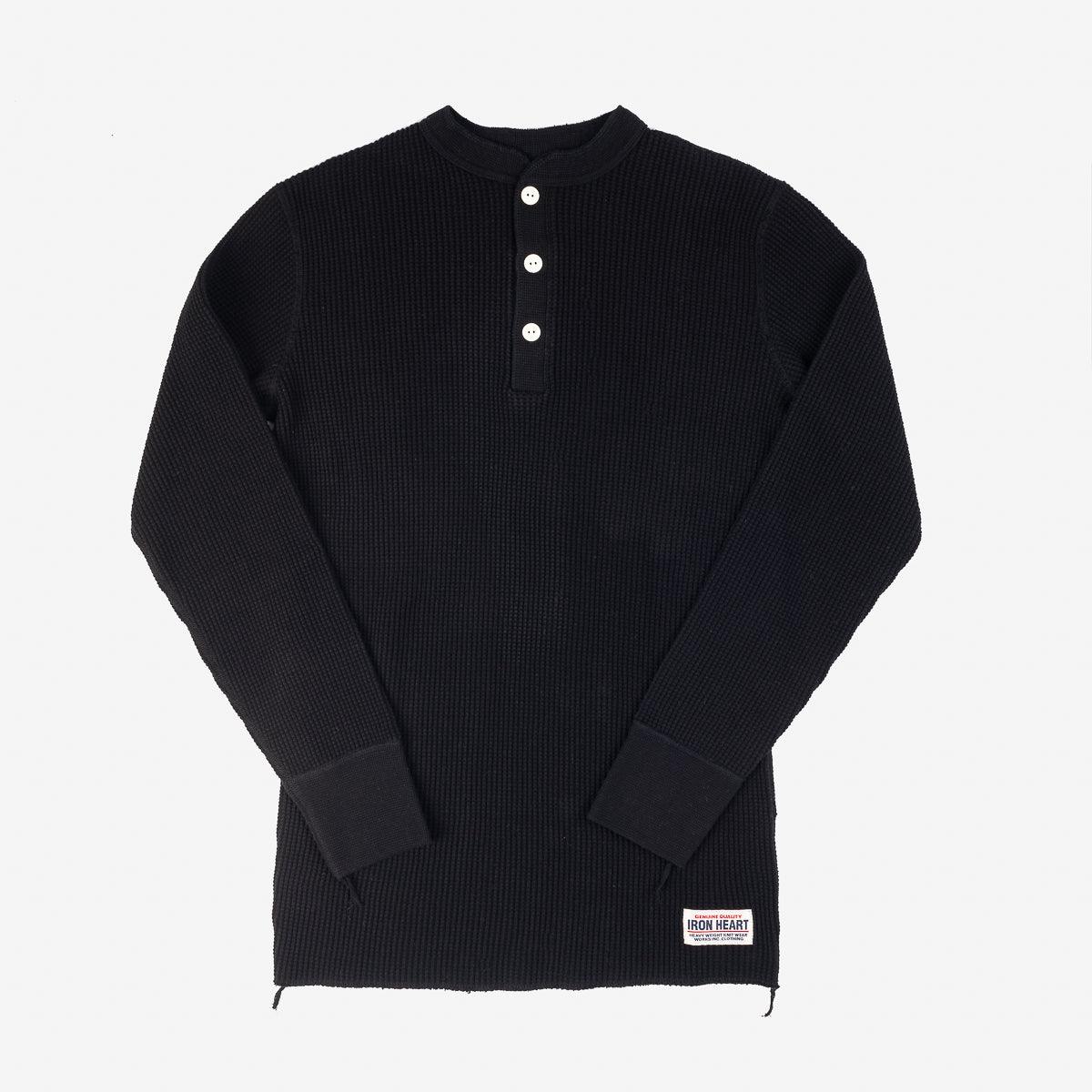 Image showing the IHTL-1213-BLK - Waffle Knit Long Sleeved Thermal Henley Black which is a T-Shirts described by the following info Back In, Iron Heart, Released, T-Shirts, Tops and sold on the IRON HEART GERMANY online store
