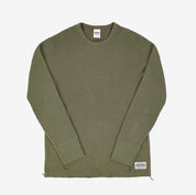 Image showing the IHTL-1301-OLV - Waffle Knit Long Sleeved Crew Neck Olive which is a T-Shirts described by the following info Back In, IHSALE_M23, Iron Heart, Released, T-Shirts, Tops and sold on the IRON HEART GERMANY online store