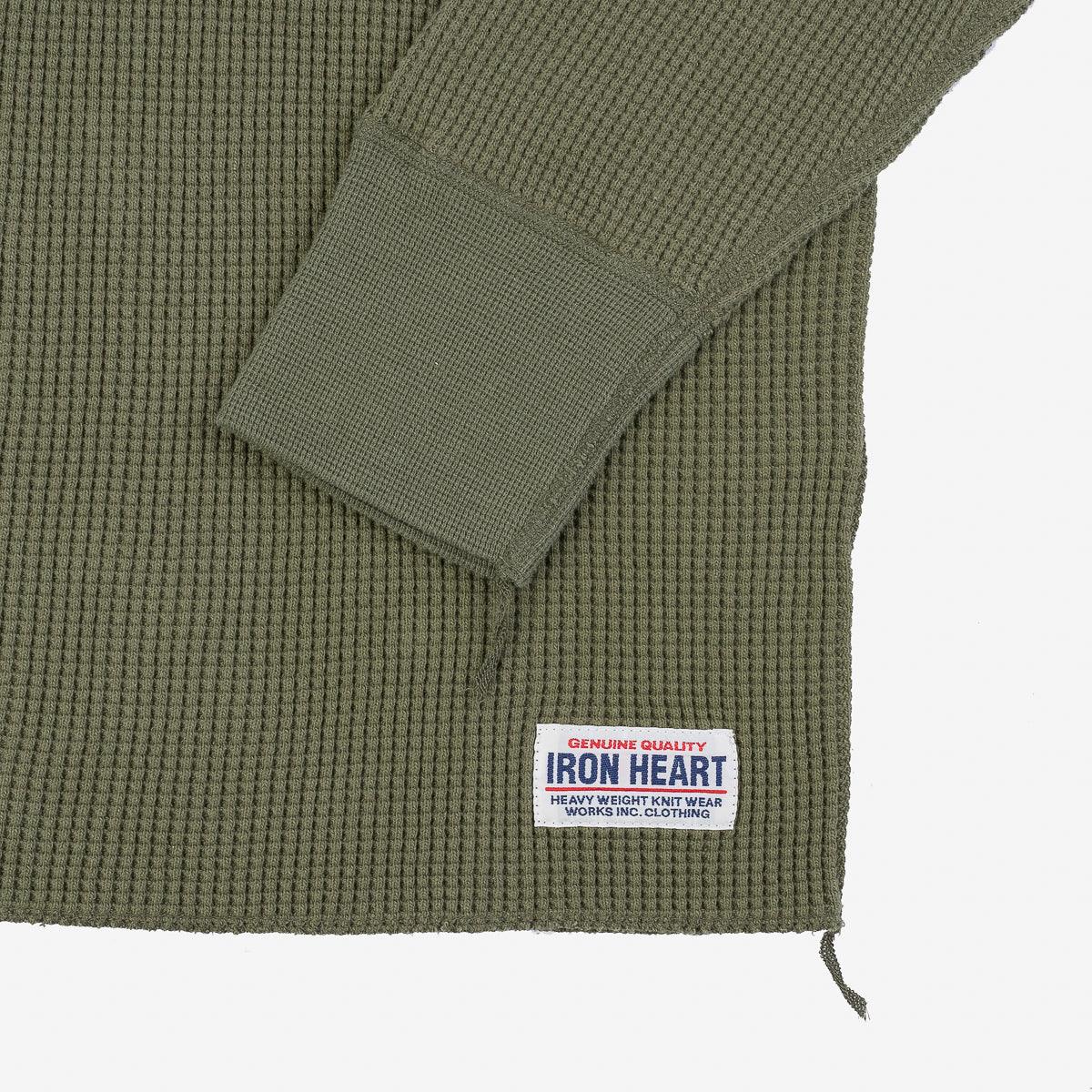Image showing the IHTL-1213-OLV - Waffle Knit Long Sleeved Thermal Henley Olive which is a T-Shirts described by the following info Back In, Iron Heart, Released, T-Shirts, Tops and sold on the IRON HEART GERMANY online store