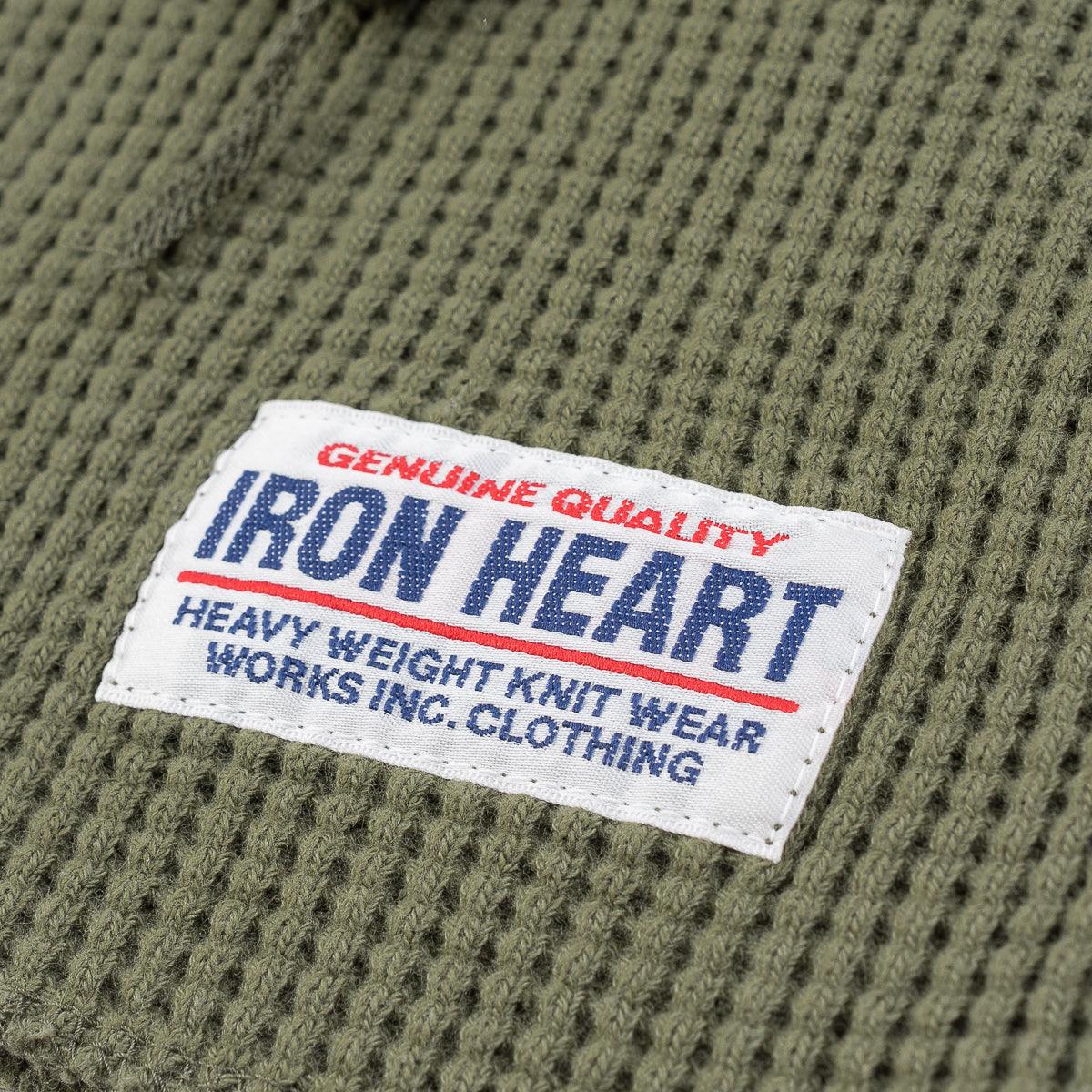 Image showing the IHTL-1213-OLV - Waffle Knit Long Sleeved Thermal Henley Olive which is a T-Shirts described by the following info Back In, Iron Heart, Released, T-Shirts, Tops and sold on the IRON HEART GERMANY online store