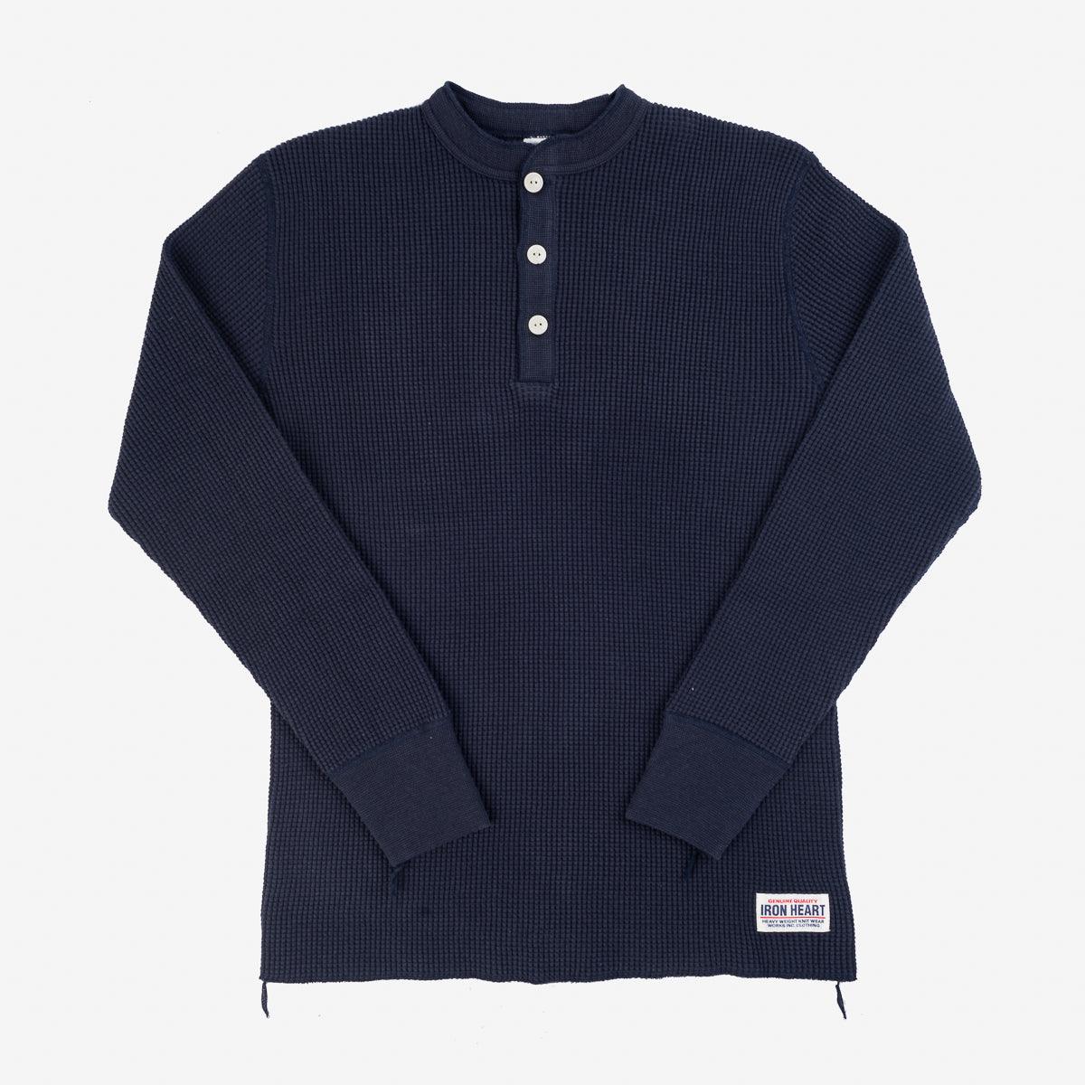 Image showing the IHTL-1213-NAV - Waffle Knit Long Sleeved Thermal Henley Navy which is a T-Shirts described by the following info Back In, Iron Heart, Released, T-Shirts, Tops and sold on the IRON HEART GERMANY online store