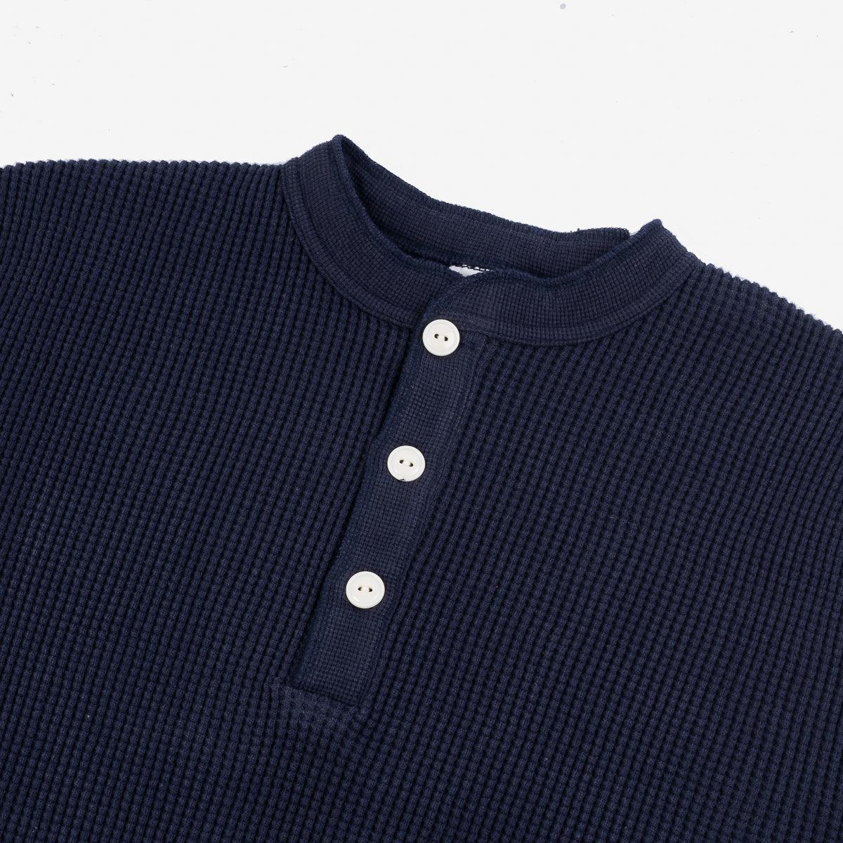 Image showing the IHTL-1213-NAV - Waffle Knit Long Sleeved Thermal Henley Navy which is a T-Shirts described by the following info Back In, Iron Heart, Released, T-Shirts, Tops and sold on the IRON HEART GERMANY online store