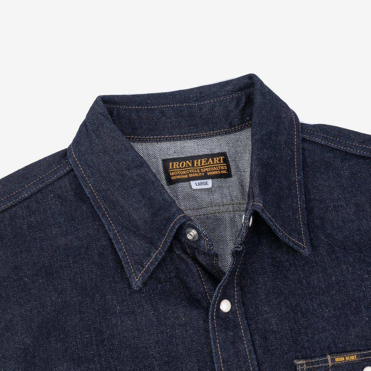 Image showing the IHSH-326-IND - 12oz Selvedge Indigo Denim Work Shirt with Snaps which is a Shirts described by the following info Iron Heart, Released, Shirts, Tops and sold on the IRON HEART GERMANY online store