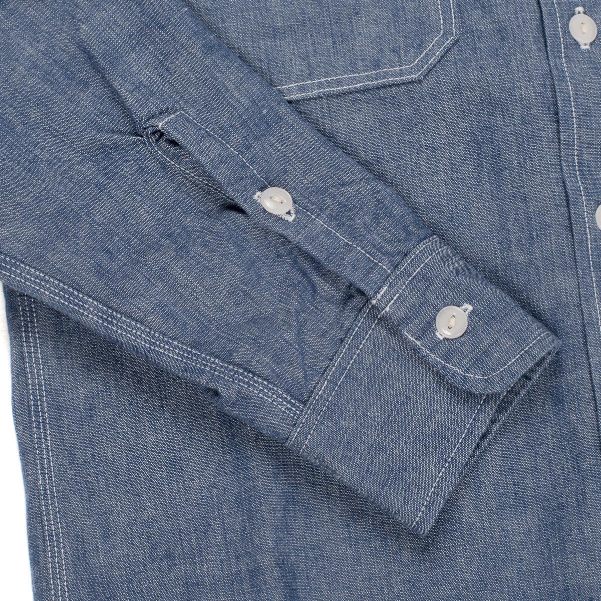 Image showing the IHSH-21-BLU - 10oz Selvedge Chambray Work Shirt which is a Shirts described by the following info Back In, Iron Heart, Released, Shirts, Tops and sold on the IRON HEART GERMANY online store