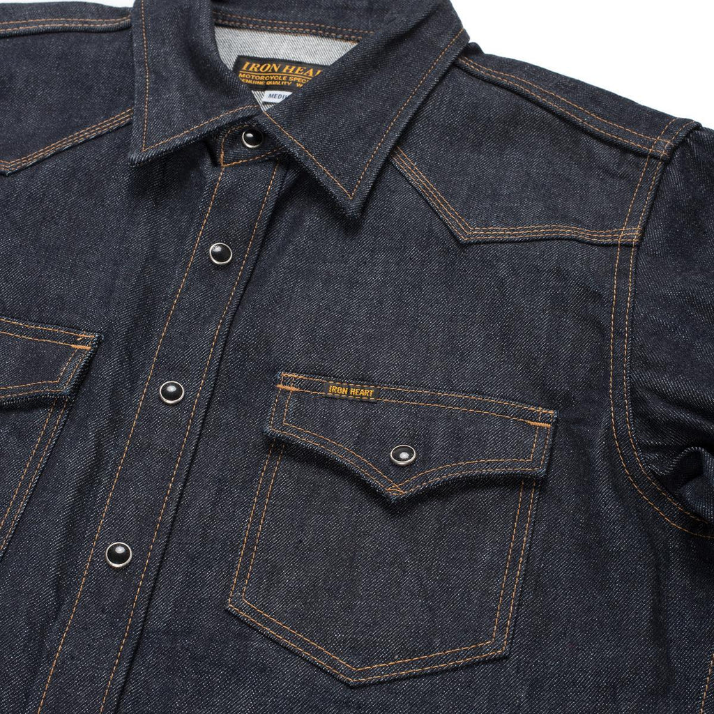 Image showing the IHSH-33-IND - 12oz Selvedge Denim Western Shirt - Indigo which is a Shirts described by the following info Iron Heart, Released, Shirts, Tops and sold on the IRON HEART GERMANY online store