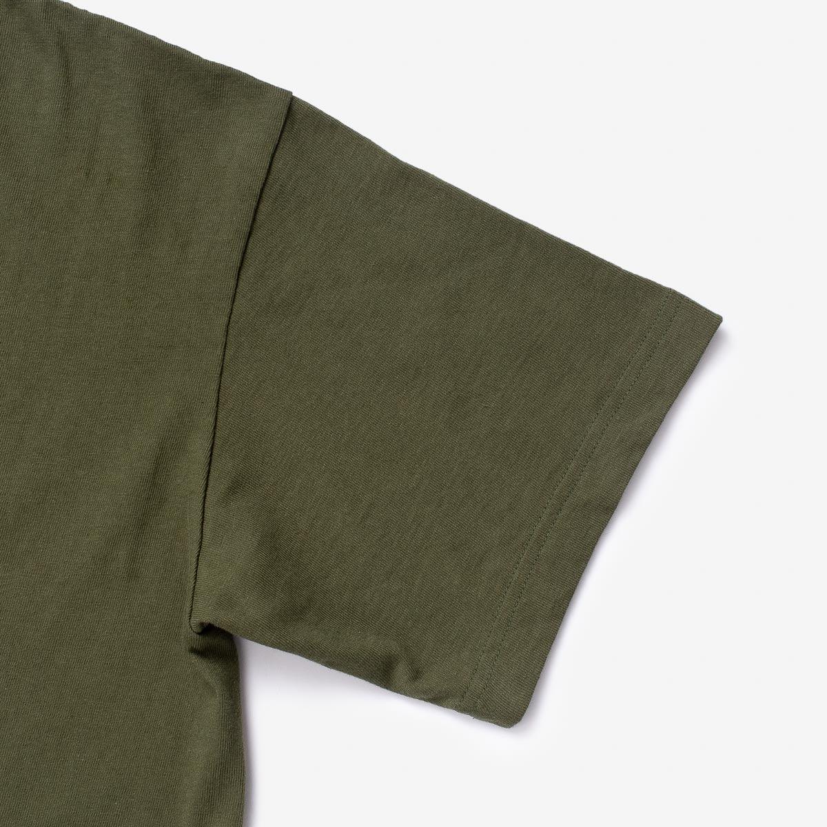 Image showing the IHT-1610L-OLV - 6.5oz Loopwheel Crew Neck T-Shirt Olive which is a T-Shirts described by the following info Iron Heart, Released, T-Shirts, Tops and sold on the IRON HEART GERMANY online store
