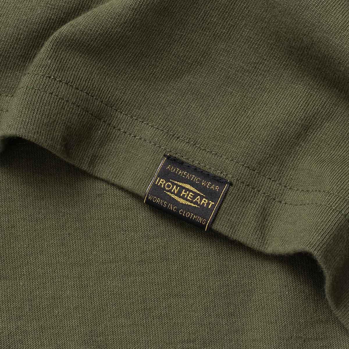 Image showing the IHT-1610L-OLV - 6.5oz Loopwheel Crew Neck T-Shirt Olive which is a T-Shirts described by the following info Iron Heart, Released, T-Shirts, Tops and sold on the IRON HEART GERMANY online store