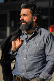 Image showing the IHSH-21-BLU - 10oz Selvedge Chambray Work Shirt which is a Shirts described by the following info Back In, Iron Heart, Released, Shirts, Tops and sold on the IRON HEART GERMANY online store