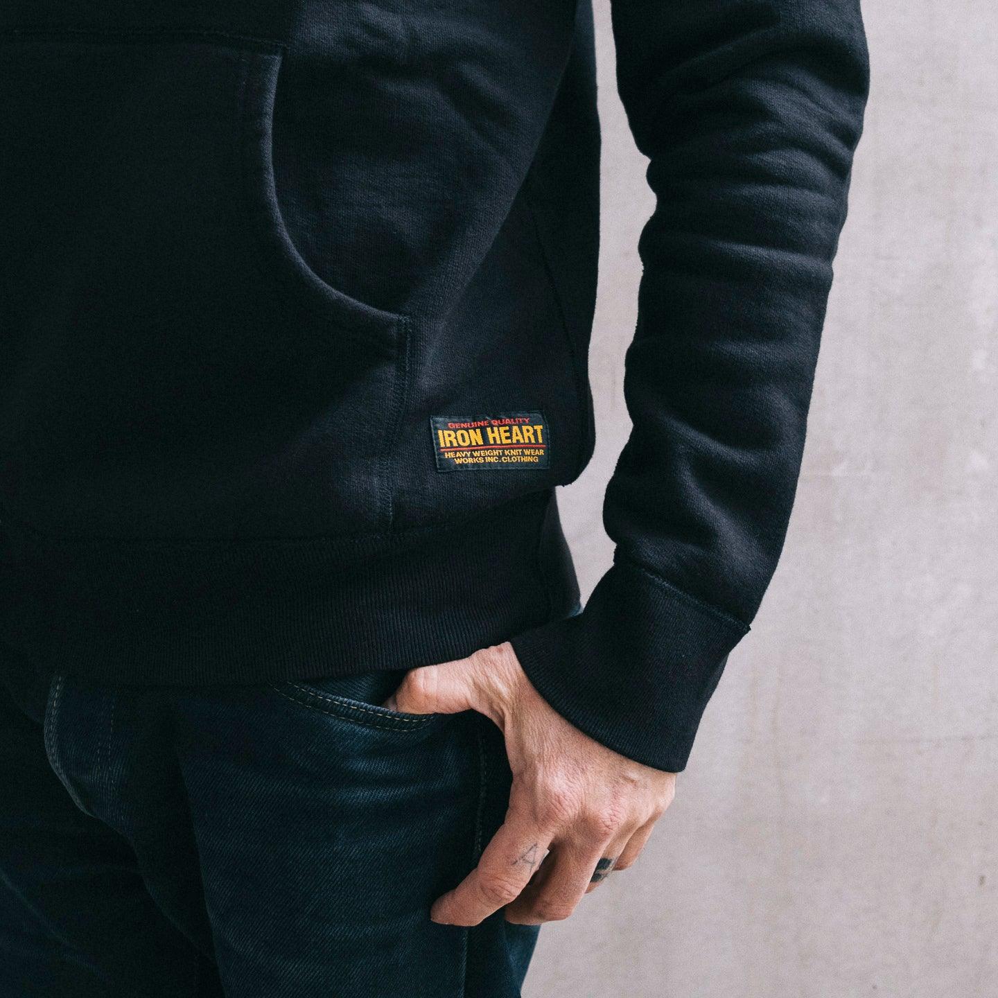 Image showing the IHSW-49-BLK - Heavyweight Hoodie Black which is a Sweatshirts described by the following info IHSALE_M23, Iron Heart, Released, Sweatshirts, Tops and sold on the IRON HEART GERMANY online store